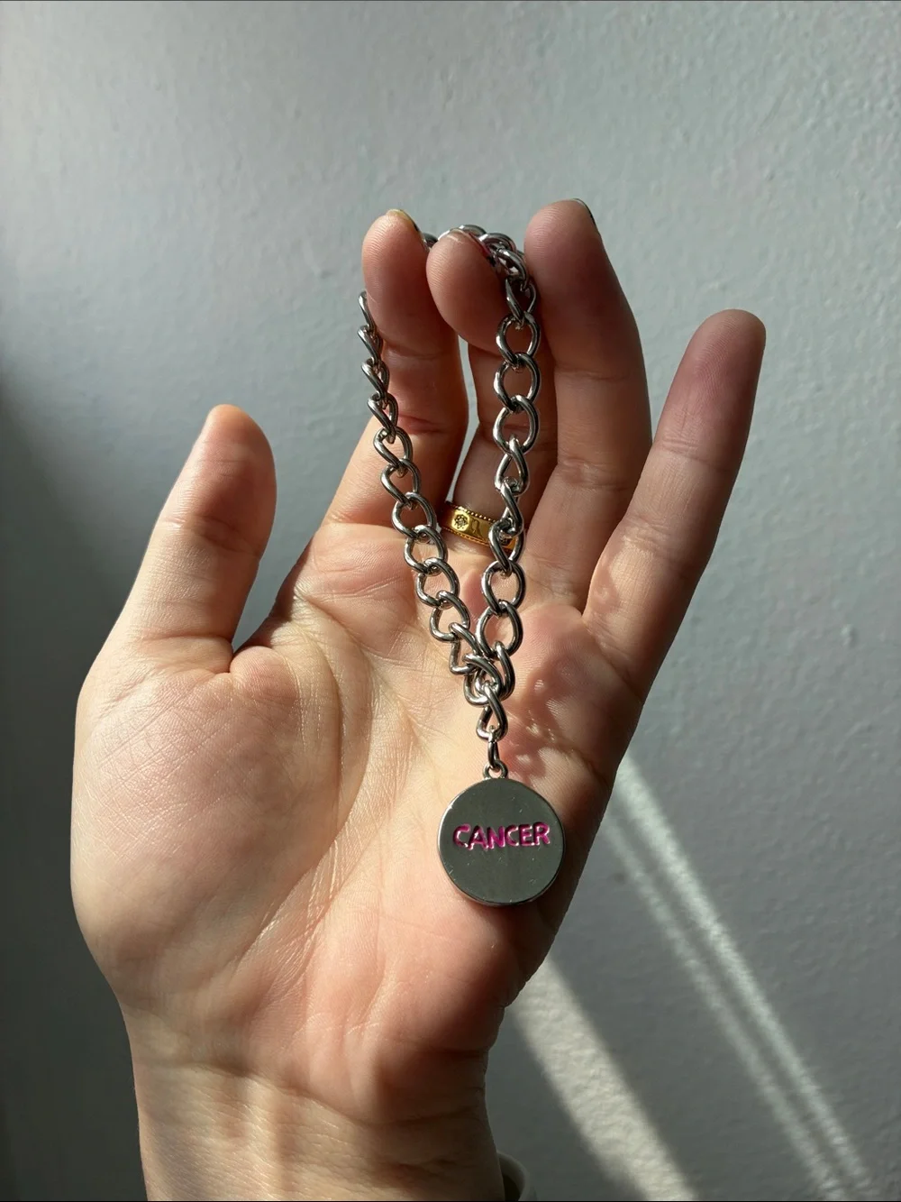 Silver Chain Bracelet with Enamel Pink Zodiac Cancer Pendant